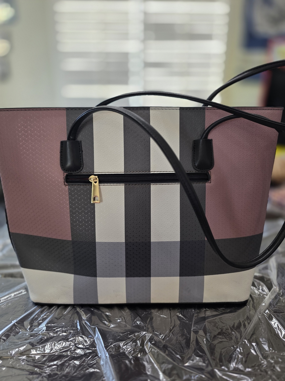 Striped Pink and Black Tote with Gold Zipper Accent